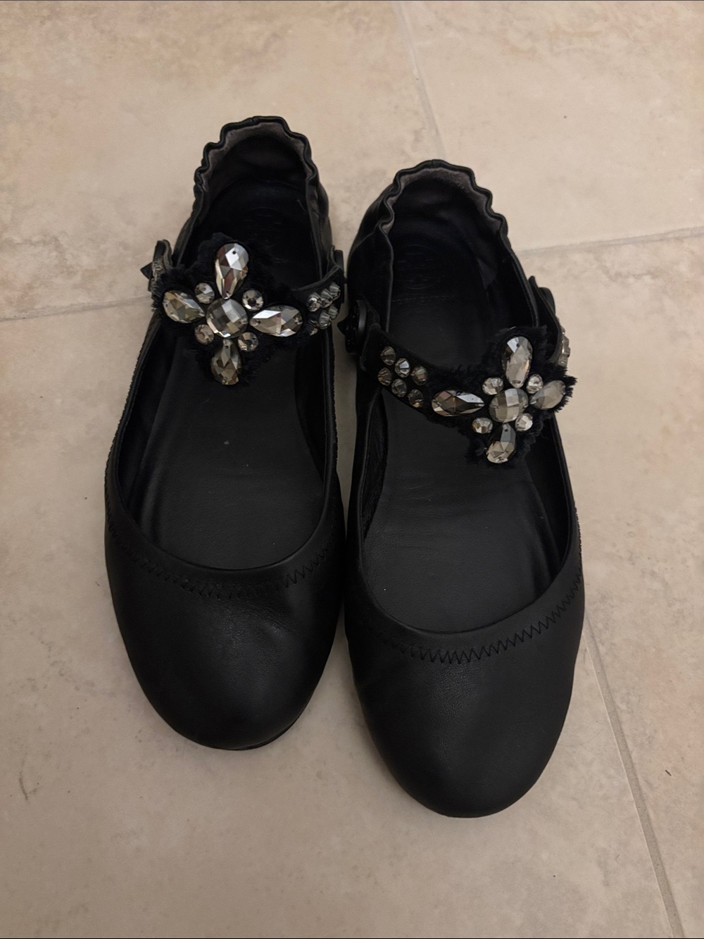 Tory Burch Black Jeweled Mary Jane Flats